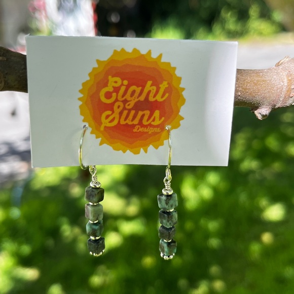 Stacked Square Turquoise Beads and Sterling Dangle Earrings - Picture 3 of 4